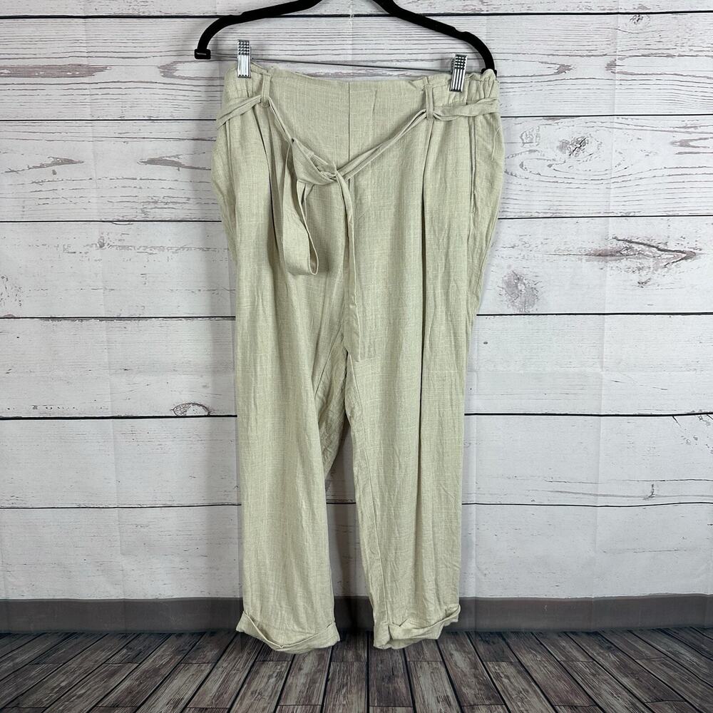 Cali 1850 Linen Pants Womens Large‎ Beige Costal Beach Pull On Belted Breathable